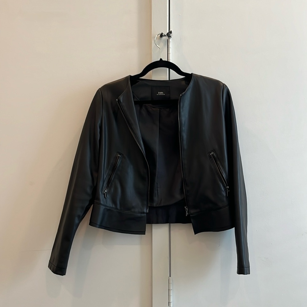 Zara outerwear, small faux leather cropped jacket